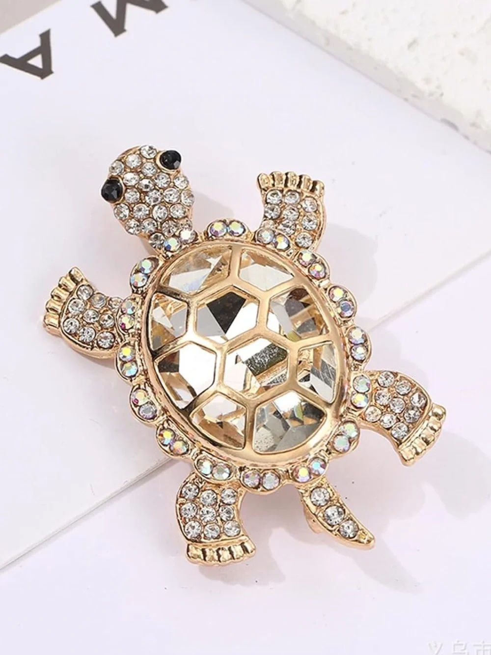 Gold-Tone Turtle Brooch with Clear Crystal Shell